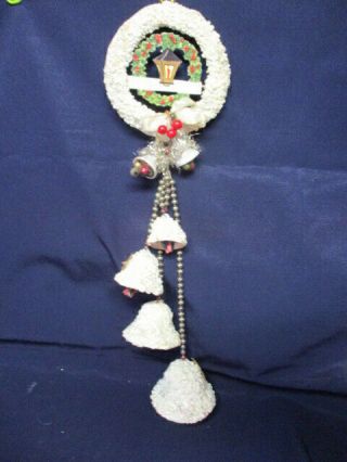 Vintage Christmas Cardboard Wreath & Bells,  Glass Beads,  Tinsel,  Scraps Etc