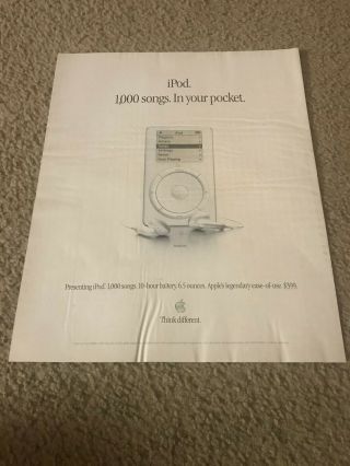 Vintage 2001 Apple Ipod Poster Print Ad Art 1st Ever " Think Different " Rare