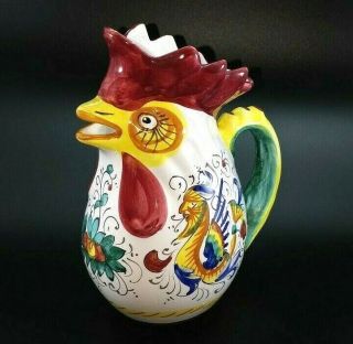 Vintage Italian Pottery Rooster Chicken Pitcher 8x6 " Hand Painted Floral