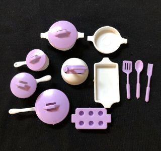 Vintage 1991 Barbie Little Colorful Cookware Purple & White Pots And Pans