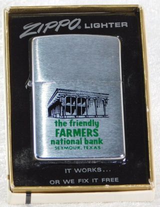 Vtg 1968 Zippo Farmers National Bank Texas Advertising Unfired Lighter W/ Box