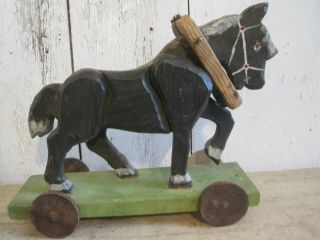 Old Vintage Primitive Folk Art Hand Carved Wood Painted Pull Toy Horse