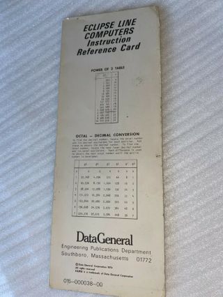1974 Data General Eclipse Vintage Computers Reference Card