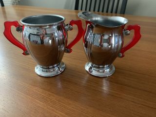 Vintage Art Deco Chrome And Red Lucite Handles Cream And Sugar Set