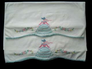 Vintage Hand Embroidered Southern Belle Pillowcases / Crocheted Accents