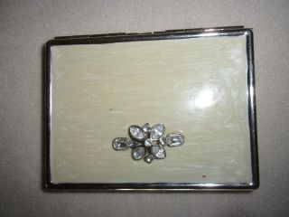 Vintage Cigarette Case Silvertone Metal With Faux Mother Of Pearl & Rhinestones