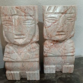 Set Of (2) Vintage Aztec Mayan Tiki Carved Marble Onyx Stone Bookends 8 " Tall