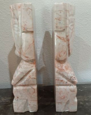 Set of (2) Vintage Aztec Mayan Tiki Carved Marble Onyx Stone Bookends 8 