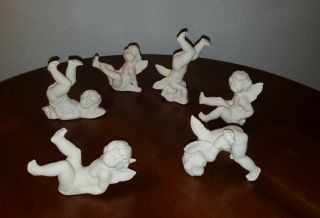 6 Vintage Tumbling Cherub Angel Figurine White Bisque Porcelain,  Klette Germany