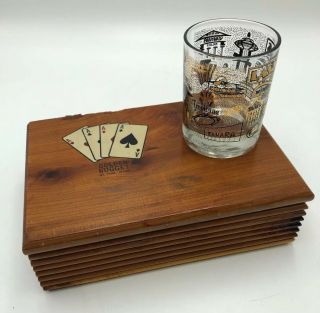 Vintage Golden Nugget Las Vegas Souvenir Playing Card Wood Box And Shot Glass