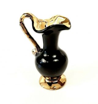 Vintage 24k Karat Gold Pooling Glaze Black Miniature Pitcher Ewer Bud Vase Decor