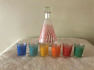 Collectable Rare Vintage Retro French Coloured Glass Decanter 6 Shot Glasses Set