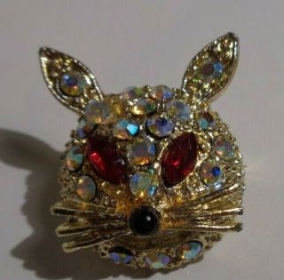 Vintage Kitty Cat Pin/brooch Costume Jewelry Rhinestones