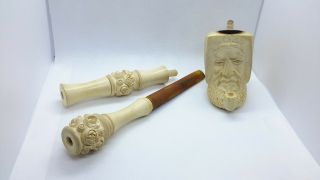 Antique Hand Carved Meerschaum Tobacco Pipe Man With Pipe