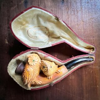 Antique Meerschaum Pipe Cheroot Holder With Two Owls In Fitted Case