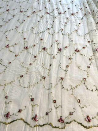 1 Ivory Net Lace Curtain Panels Embroidered Vintage Pink & Burgundy Roses