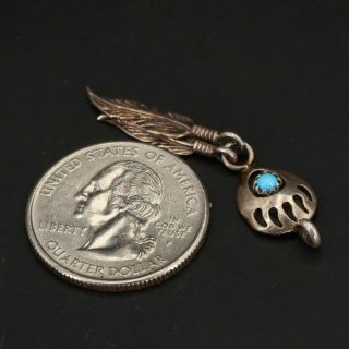 VTG Sterling Silver - NAVAJO Turquoise Bear Paw Feather Dangle Pendant - 1.  5g 3