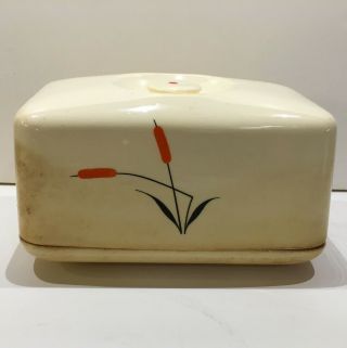 Vintage Universal Potteries Cattail Butter Dish W/ Cover Covered Orange Cat Tail