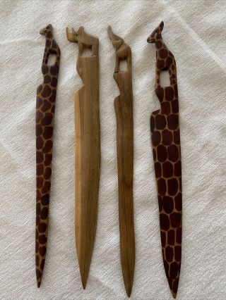 4 Vintage African Tribal Hand Carved Kenya Wooden Elephant Giraffe Letter Opener