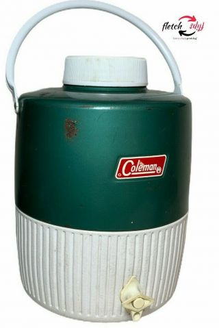 Vintage Coleman Green & White 1 Gallon Water Cooler Jug With Cup Camp Rv Work