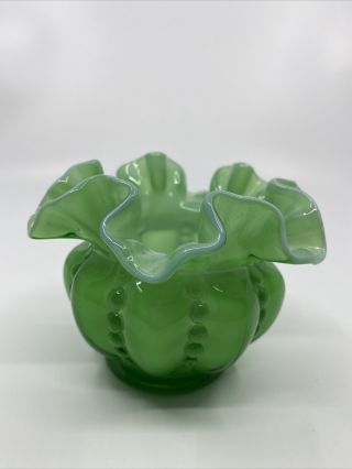 Vintage Fenton Beaded Melon Ivy Overlay Green Ruffled Vase 2