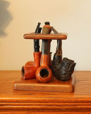 Six Estate Tobacco Smoking Pipes With Wooden Stand Below