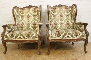 Antique French Louis Xv Style Carved Bergere Arm Chairs