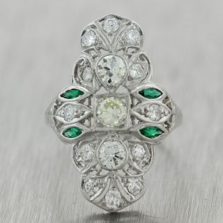 1930s Antique Art Deco Platinum 1.  25ctw Diamond & Emerald Filigree Cocktail Ring