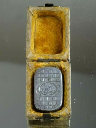 Antique English Silver Pill Or Snuff Box W/ Cloth Covered Box.