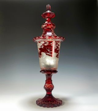 Exceptional Large Antique Bohemian Cut Etched Ruby Glass Covered Vase W Dogs