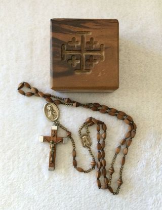 Vintage Lourdes Wooden Beads Catholic Rosary - France - 19 " Long With Wood Box