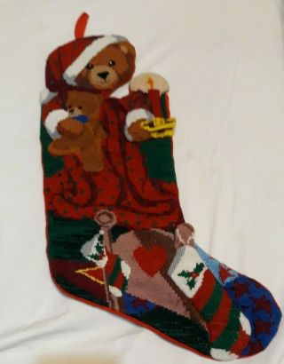 Vintage Finished Handmade Christmas Cross Stitch Stocking Bear Design