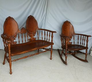 Antique Victorian Carved Oak Set – Bench With Matching Rocking Chair