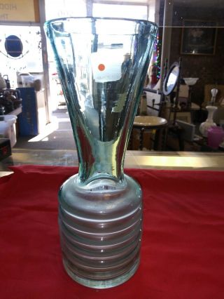 Hand Blown Blenko Green Tint Glass Vase Applied Lower Rings Vintage 9 " Tall