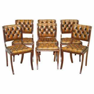 Set Of Six Restored Vintage Chesterfield Mahogany Brown Leather Dining Chairs 6