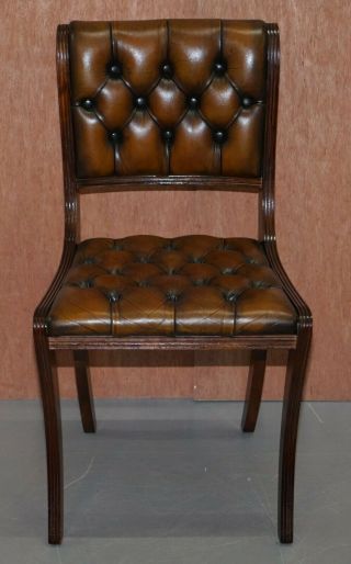 SET OF SIX RESTORED VINTAGE CHESTERFIELD MAHOGANY BROWN LEATHER DINING CHAIRS 6 3