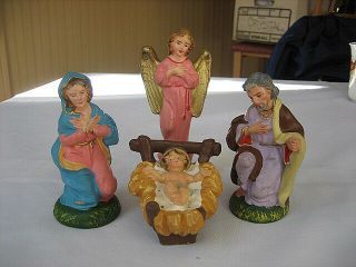 Vintage Italy Nativity Creche Paper Mache Figures - Mary - Joseph - Angel - Baby - Manger