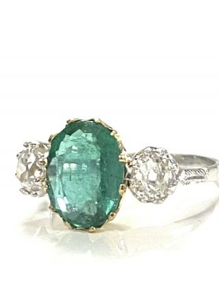 Antique 2.  60 Ct Emerald 0.  90 Ct Old Mine Diamond Trilogy Ring