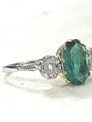 Antique 2.  60 Ct Emerald 0.  90 Ct Old Mine Diamond Trilogy ring 2