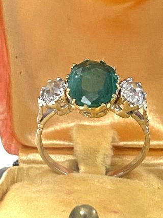 Antique 2.  60 Ct Emerald 0.  90 Ct Old Mine Diamond Trilogy ring 3