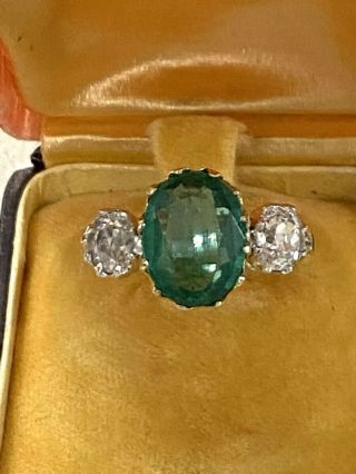 Antique 2.  60 Ct Emerald 0.  90 Ct Old Mine Diamond Trilogy ring 4