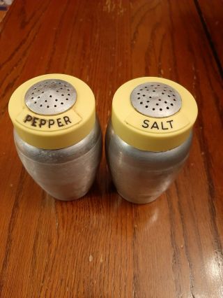 Vintage Kromex Salt & Pepper Shaker Spun Aluminum W/ Yellow Lids Mid Century Mcm