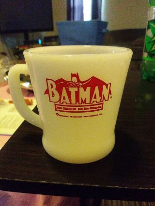 Pristine Vtg Red Fire King Batman Robin Anchor Hocking Milk Glass Mug Nos