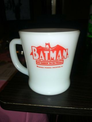 PRISTINE vtg red Fire King BATMAN ROBIN Anchor Hocking Milk Glass mug NOS 2