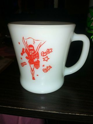 PRISTINE vtg red Fire King BATMAN ROBIN Anchor Hocking Milk Glass mug NOS 3