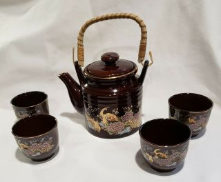 Vintage Brown Glazed Wicker Handle Gold Trimmed Teapot Set With 4 Cups Japan