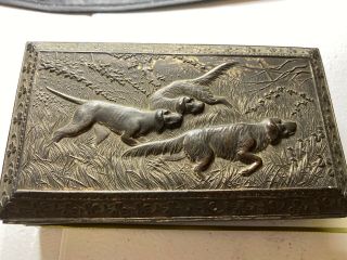 Vintage Cigar Box Humidor Silver Tone Metal Wood Lined Bird Dogs Made In Japan