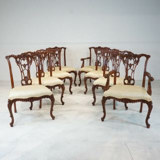 Set Of 8 French Chippendale Mahogany Traditional Dining Chairs
