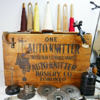 Antique Hosiery Auto Knitter Circular Sock Knitting Machine Sewing VTG Crate WOW 2
