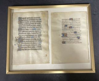 15th Century French Book Of Hours Vellum Pages With Illuminated Letters
